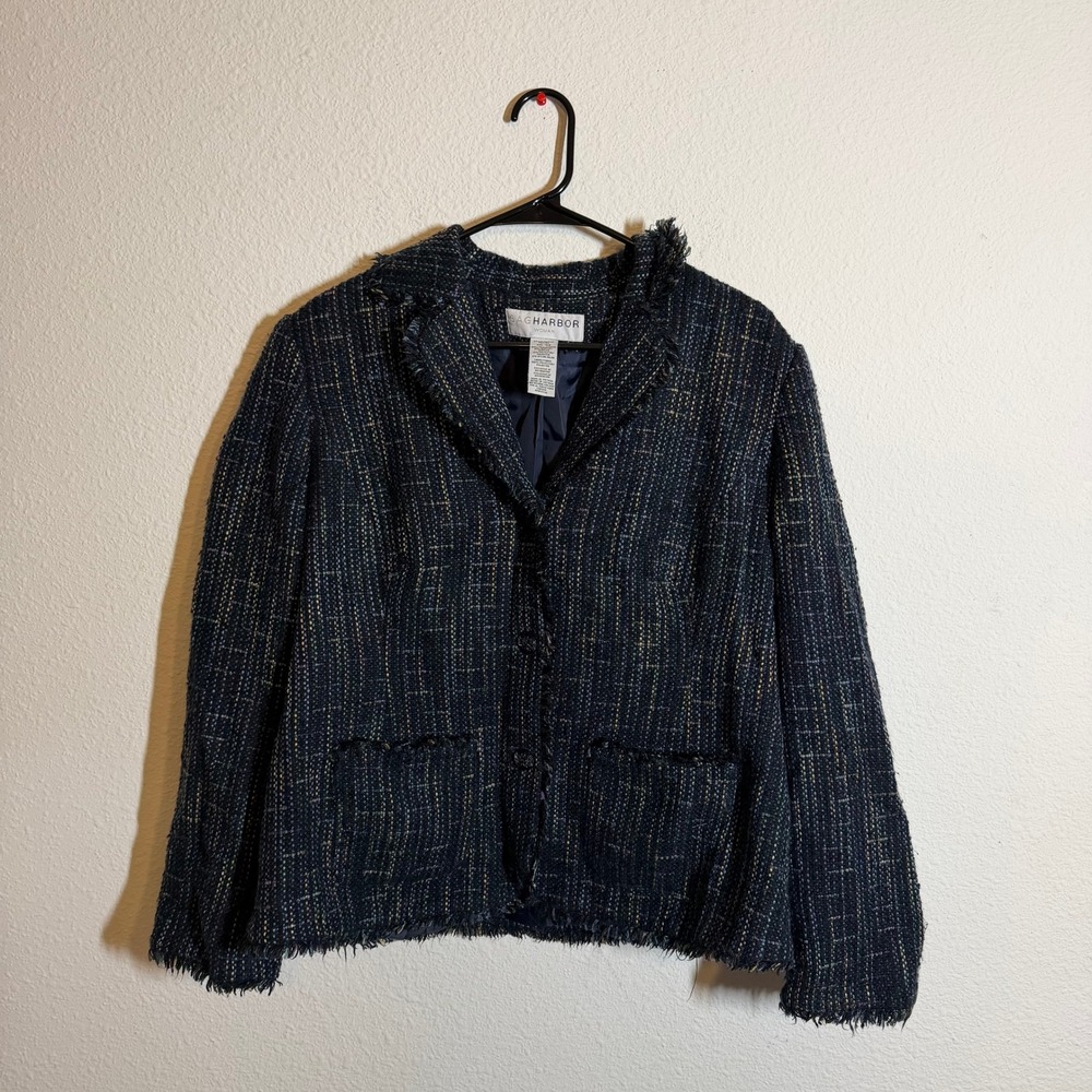 Sag‎ Harbor Woman Navy Blue Tweed Fringe Blazer Jacket Plus Size 16W Multi Color